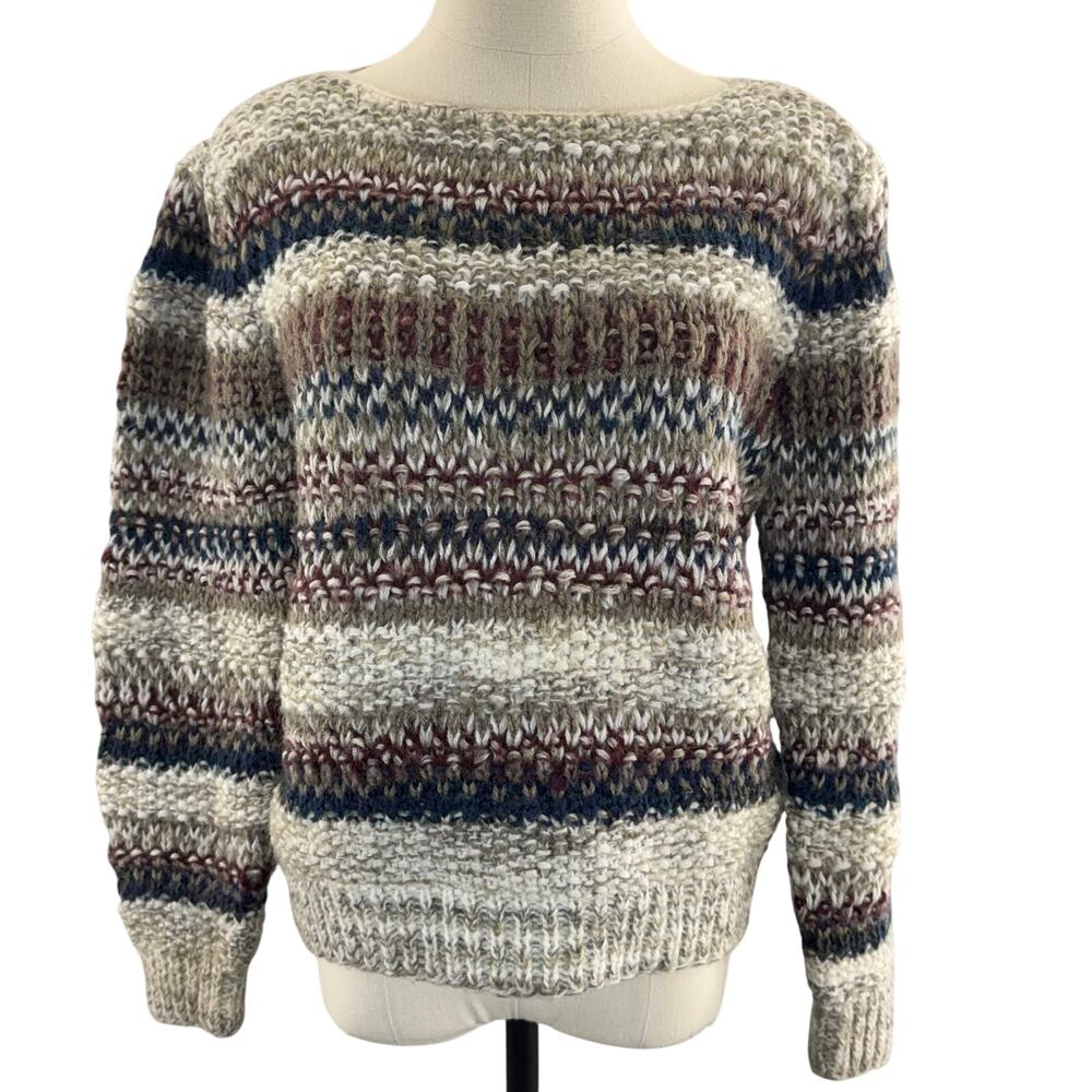 Vintage 80s Lauren Hansen Women's Medium Hand Knit Sweater Striped Cozy Acrylic